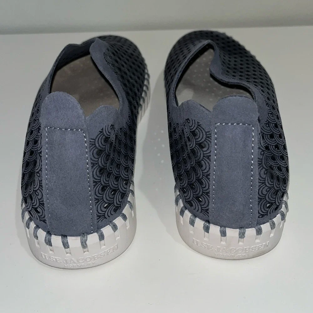 Ilse Jacobsen Tulip Slip On Flats Womens 37 Navy Blue Laser Cut Scallop Comfort